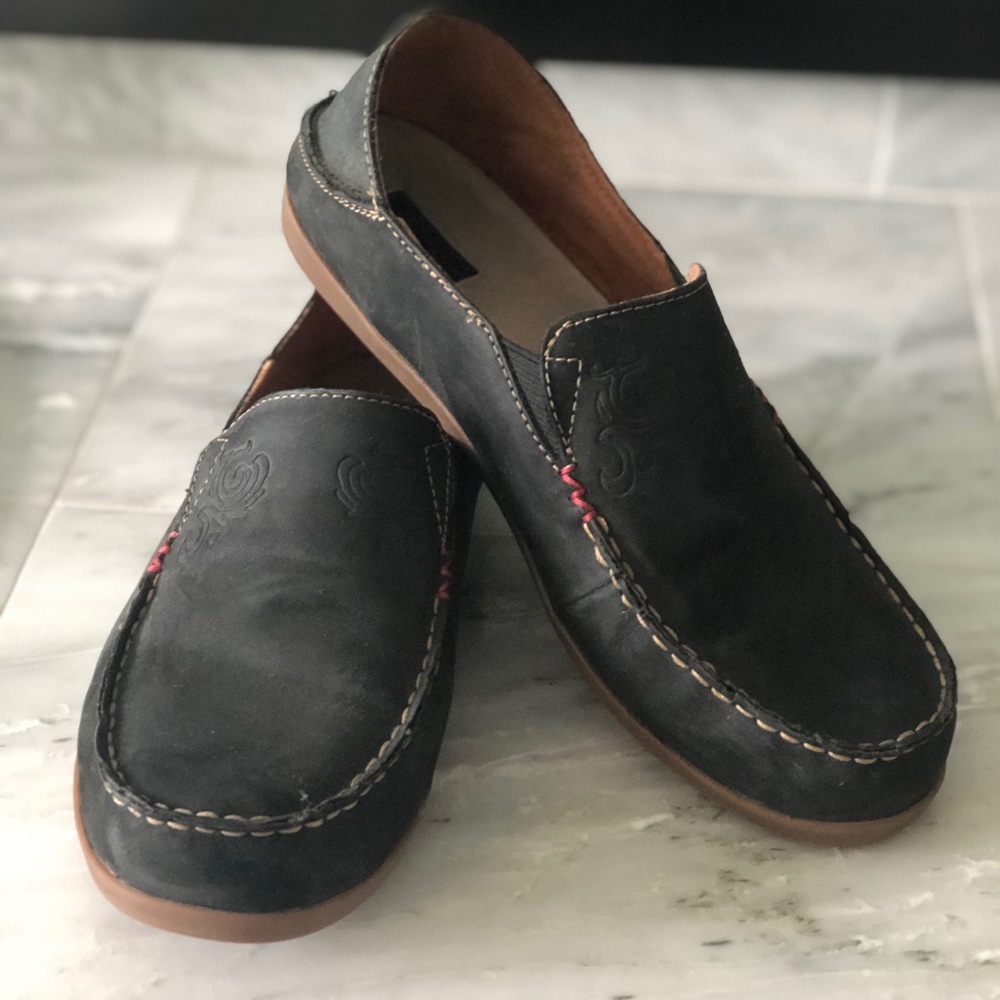 OluKai Black Leather Slip-On Loafers